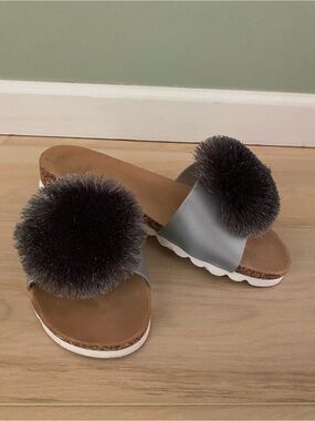 Amanda Blu Gray Pom Pom Slide Sandals Cork Footbed Size 8